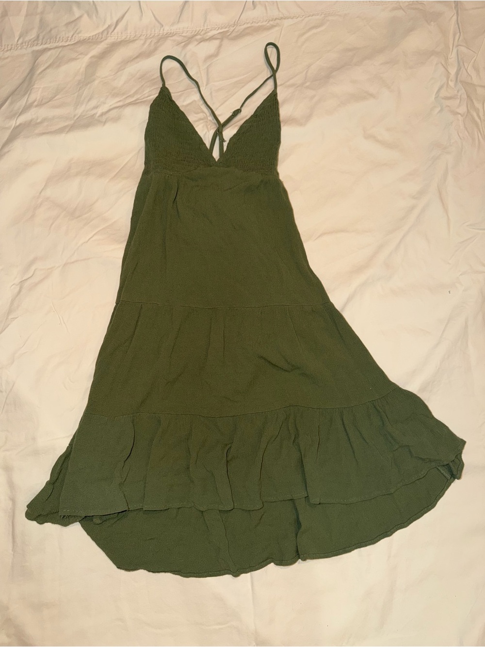 Olive Green Tiered Midi Dress with Spaghetti Straps
